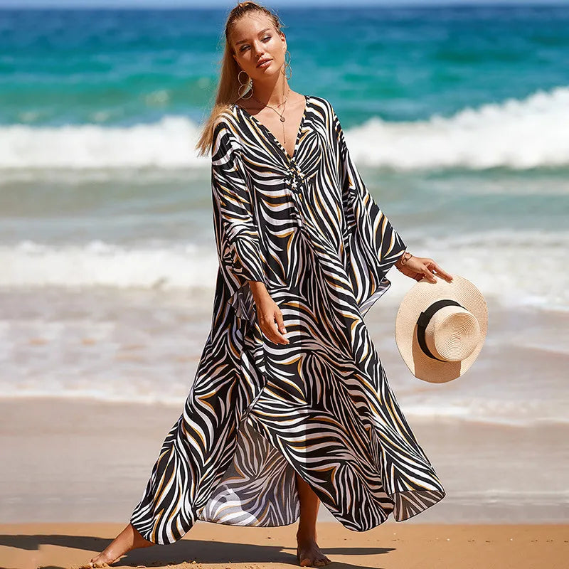 women's beach color block printing cover ups