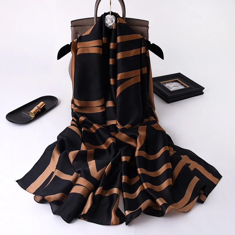 women's casual simple style stripe satin printing silk scarf