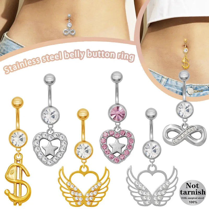 1 Piece Belly Rings Classic Style Roman Style Artistic Star Heart Shape Wings 316 Stainless Steel  Alloy Hollow Out Resin Rhinestones Glass White Gold Plated Gold Plated