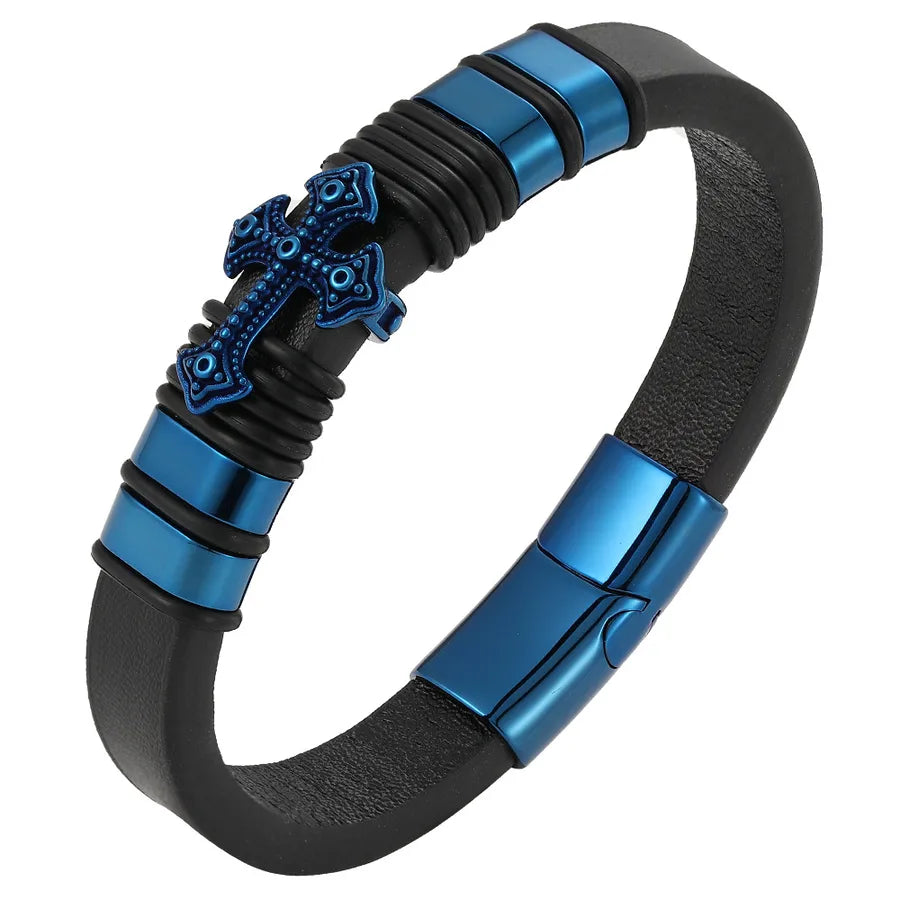 Vintage Style Classic Style Cross Pu Leather Titanium Steel Woven Chain Wrap Bracelets Wholesale
