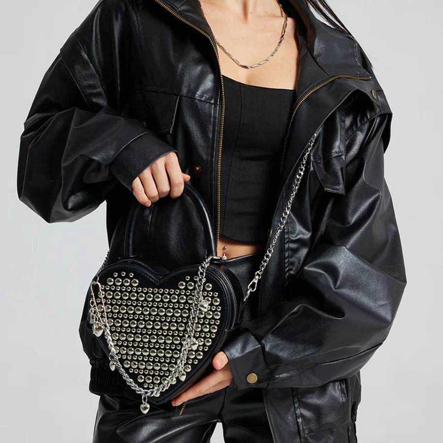 Women's Medium Pu Leather Solid Color Streetwear Rivet Heart-shaped Zipper Handbag Crossbody Bag