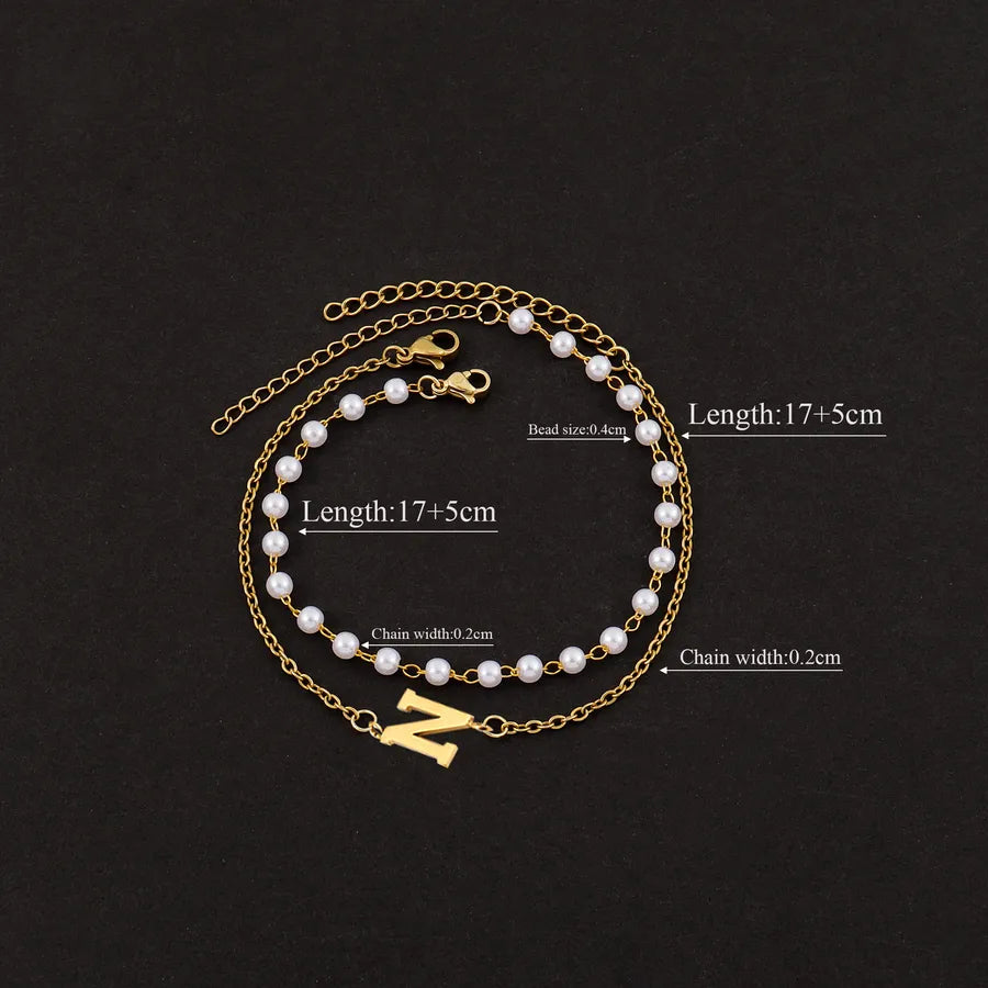 Elegant Simple Style Classic Style Letter 201 Stainless Steel 304 Stainless Steel Imitation Pearl Beaded Chain cable chain Beaded Bracelets Wholesale