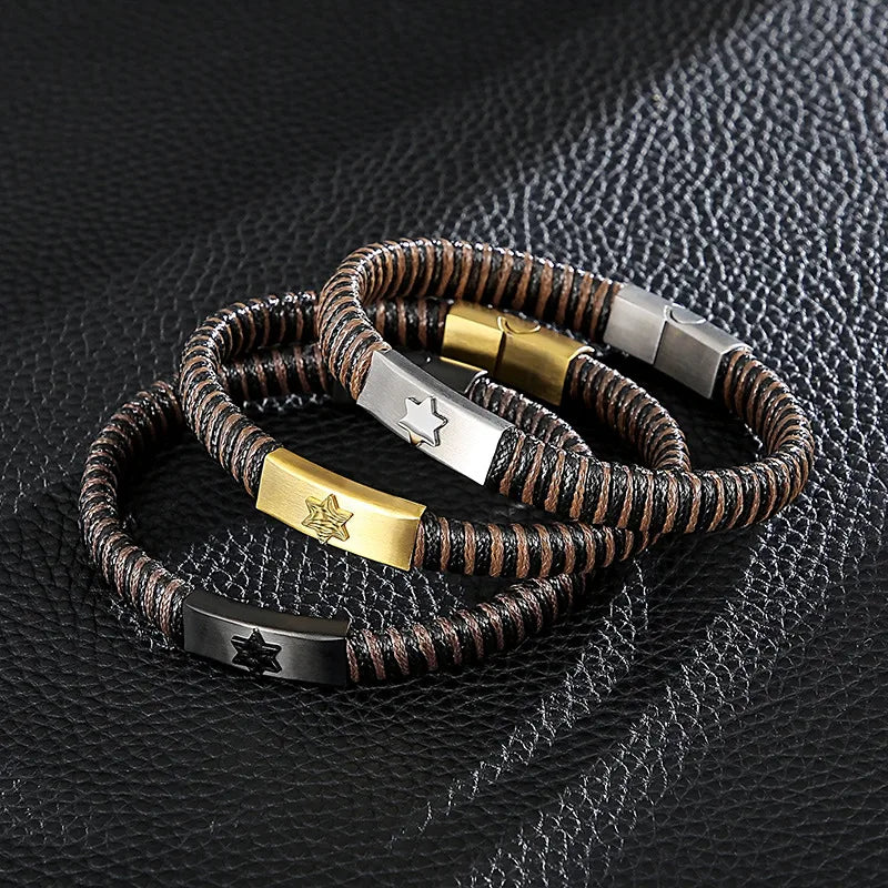 Hip-Hop Retro Color Block Pu Leather Titanium Steel Braid 18K Gold Plated Men's Bangle