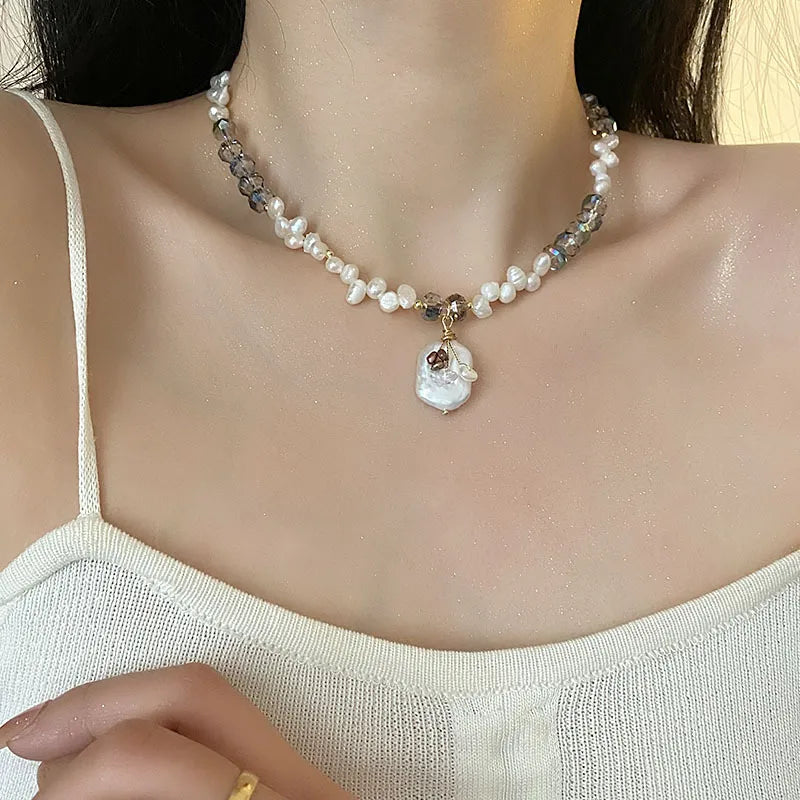 Freshwater Pearl Titanium Steel Beaded Chain Plating Irregular Geometric Necklace