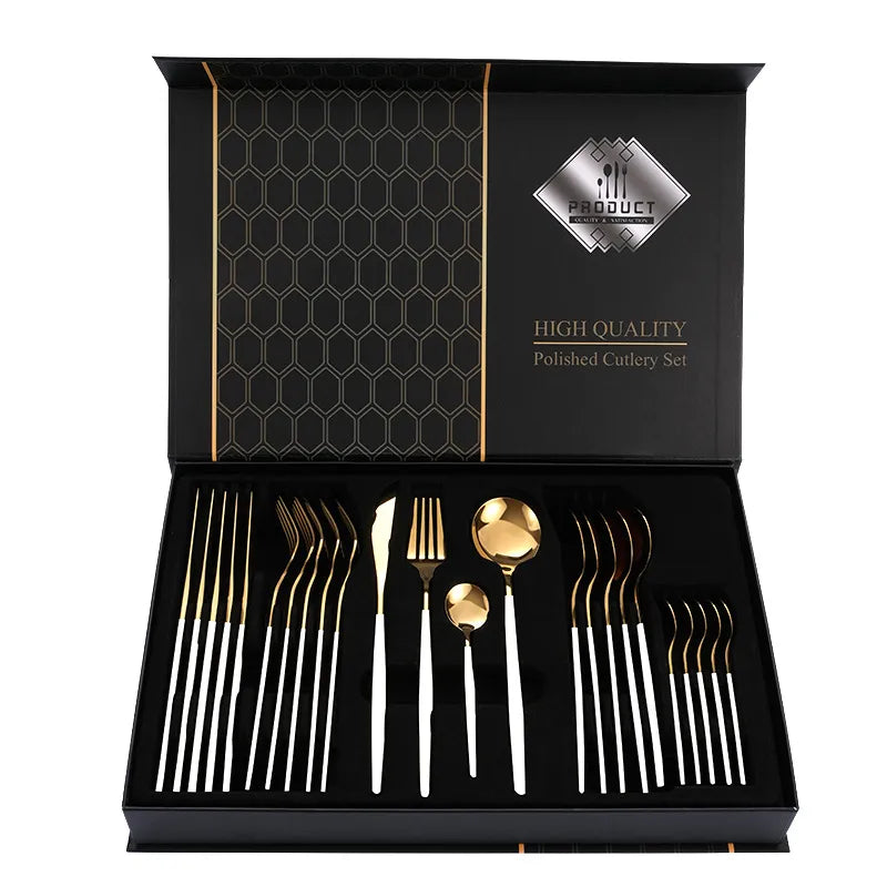 1010 stainless steel tableware 24-piece golden steak knife, fork and spoon gift box Western tableware suit