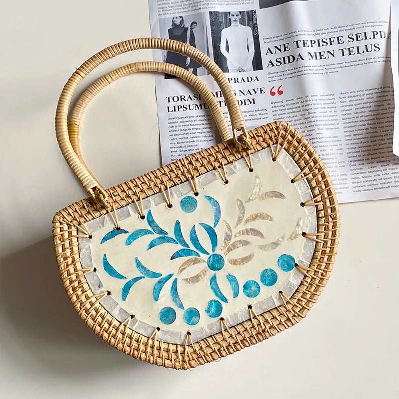Nordic style handmade basket shell Rattan woven storage picnic travel basket handmade woven handbag