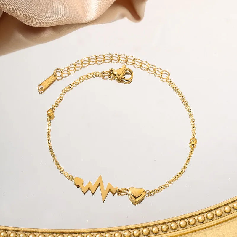 Wholesale Jewelry Romantic Sweet Electrocardiogram Heart Shape 304 Stainless Steel 18K Gold Plated Anklet