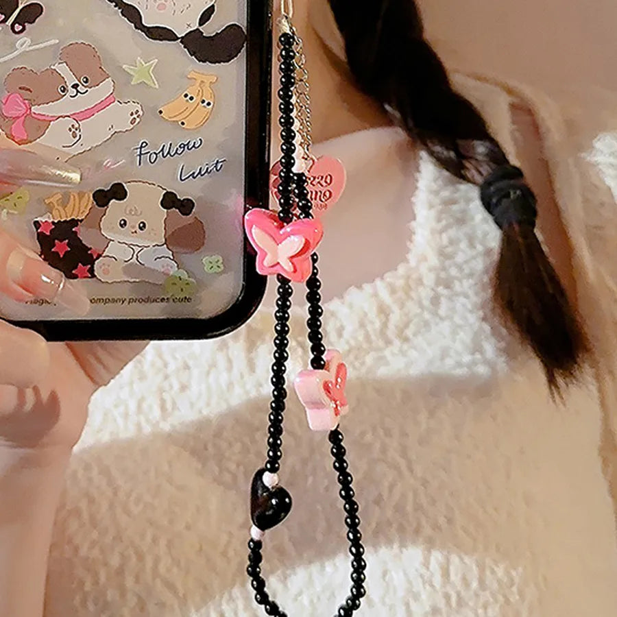 cute heart shape flower pc silica gel soft clay inlay artificial pearls women's mobile phone chain 1 piece