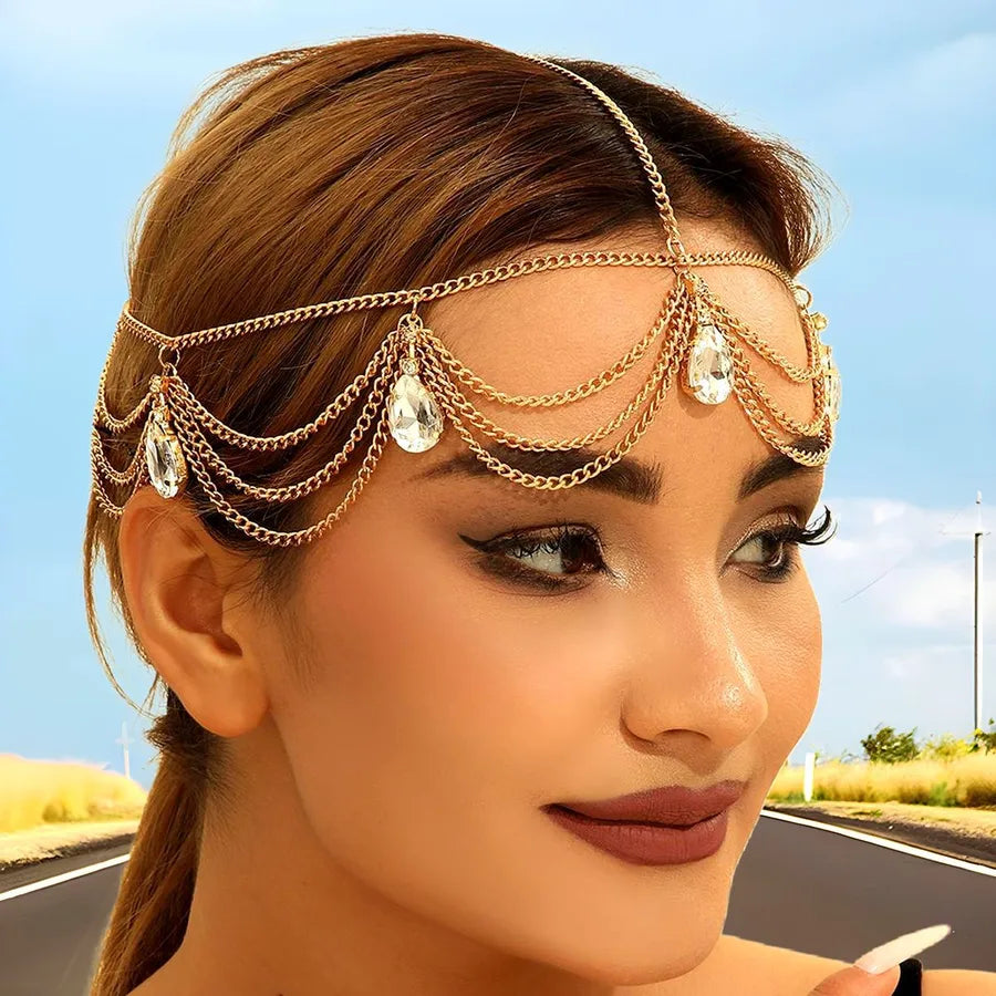 Fashionable Gold Wave Chain Headband Women's Street Style Waterdrop Tassel Hairband Personality Accessory Hairband