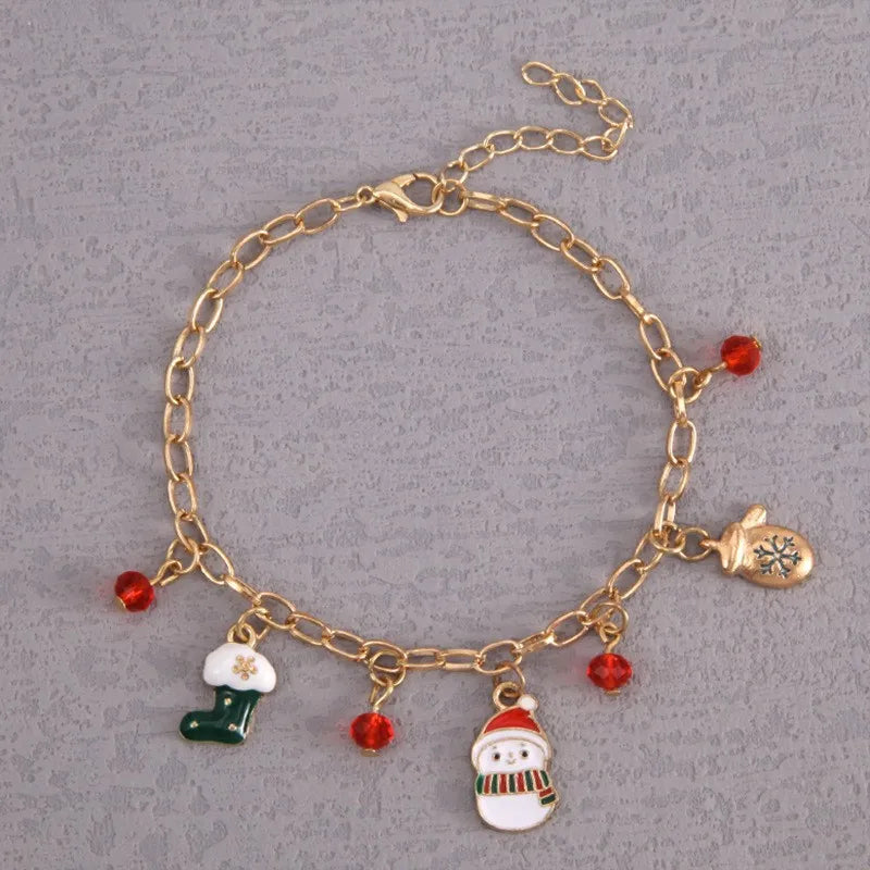Christmas Themed Crystal Alloy Bracelet Deer Snowman Santa Claus Design Festival Gift Geometric Pattern Cute Unisex Bracelet