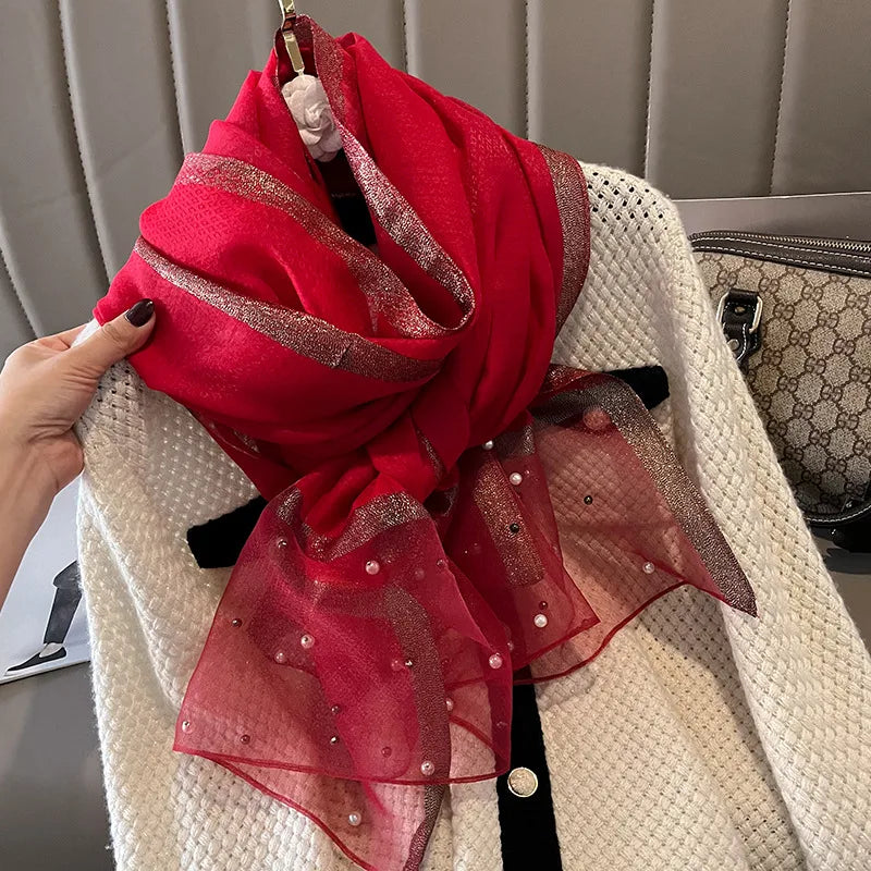 women's simple style color block satin pearl silk scarf