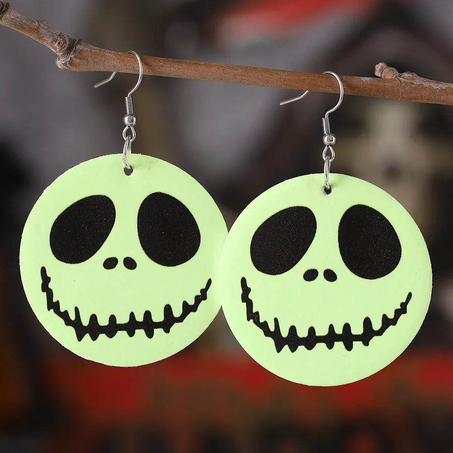 Gothic Style Fluorescent Green Skeleton Face Halloween Pendants Earrings Double Sided Elegant Skull Head Women's Jewelry