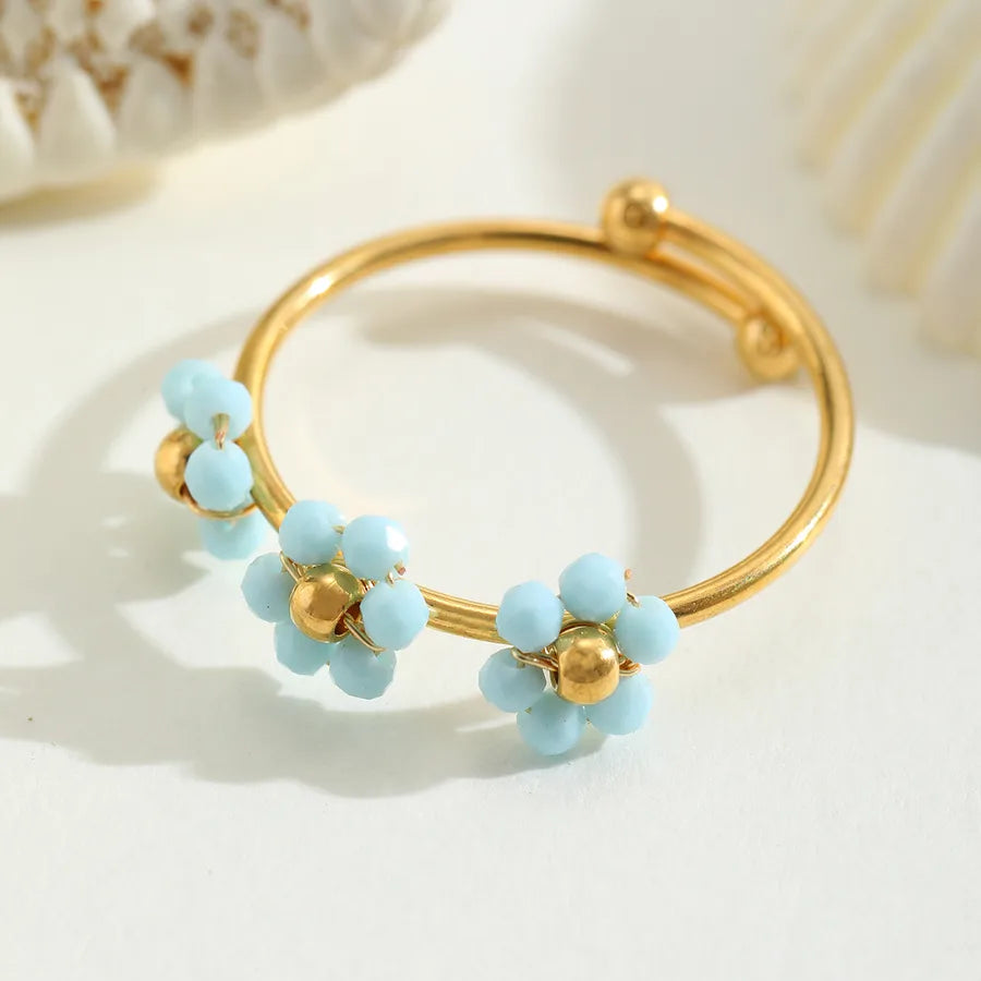 Wholesale Jewelry Casual Cute Simple Style Flower 304 Stainless Steel Crystal 18K Gold Plated Plating Inlay Open Rings