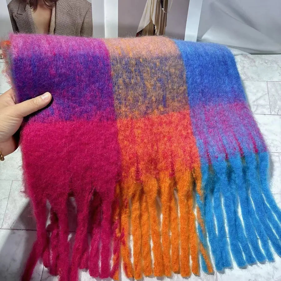 women's simple style lattice imitation cashmere tassel scarf