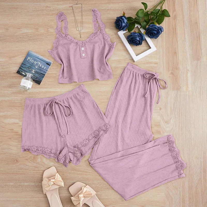 Europe and the United States  foreign trade new lace lace pit vest trousers pajamas women wear slim three-piece suit