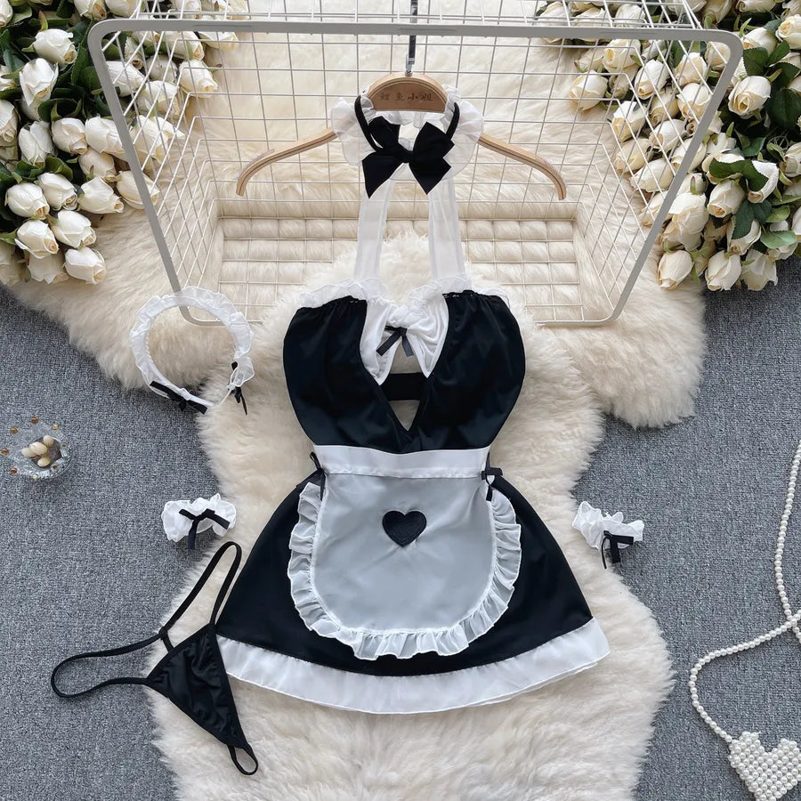 Women's Christmas Sexy Heart Shape Bow Knot Sexy Lingerie Sets Party Hanging Neck Type Low Waist Thong Sexy Lingerie