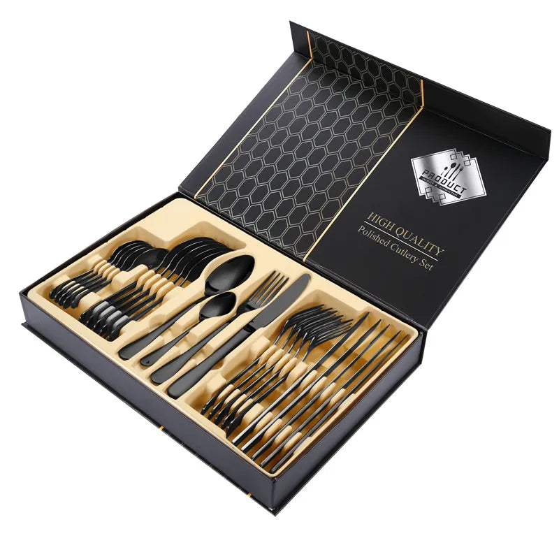 1010 stainless steel tableware 24-piece golden steak knife, fork and spoon gift box Western tableware suit
