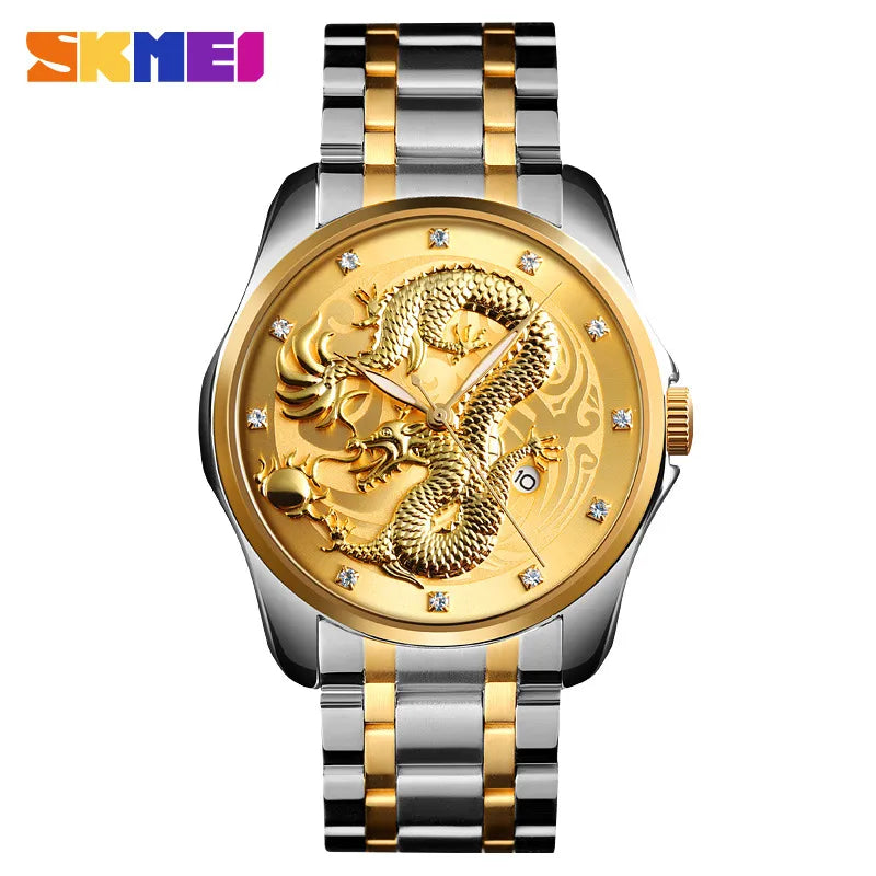 SKMEI fashion Chinese style dragon totem relief stainless steel strap men's business calendar watch men