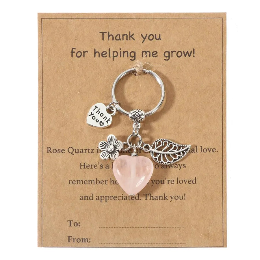 Crystal Heart Keychain Thank You Teacher Flower Leaf Purple Crystal Pink Quartz Keyring Crystal Heart Shaped Keychain Pendant