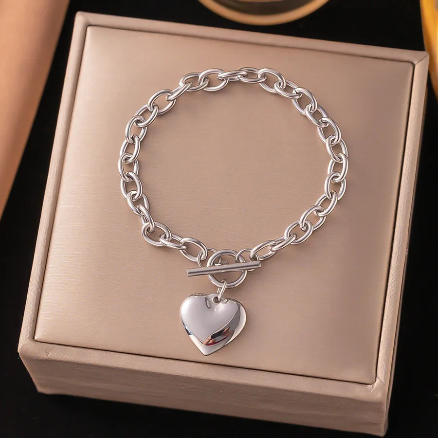 Wholesale Jewelry Elegant Simple Style Geometric Heart Shape 304 Stainless Steel Plating Beaded Chain Paperclip Chain cable chain Bracelets Necklace