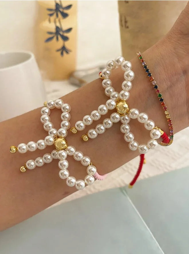 Wholesale Jewelry Elegant Classic Style Bow Knot Imitation Pearl Copper Bracelets