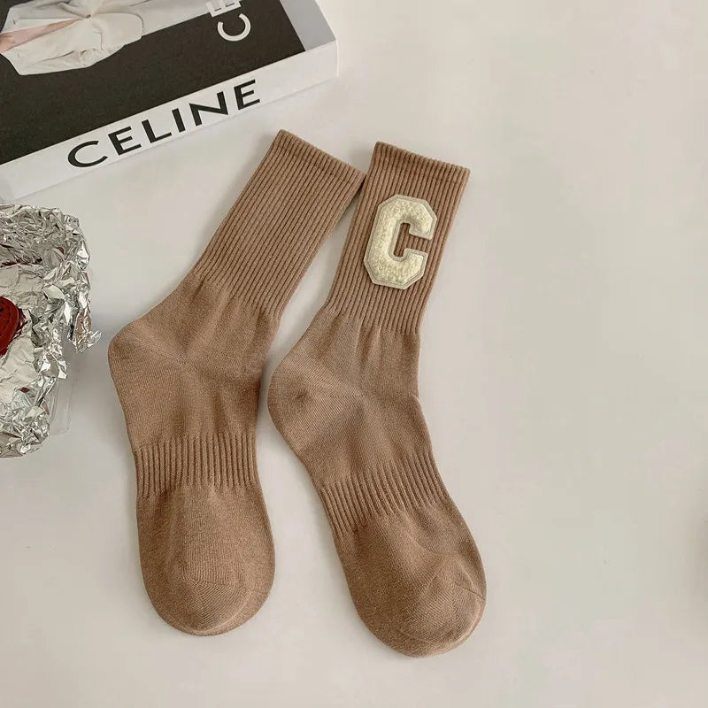 women's casual letter solid color cotton crew socks a pair