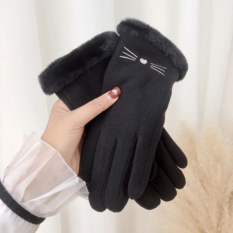 Gloves Women's Winter Velvet Thickened Warm  Cute Touch Screen De Velvet Fall/Winter Electric Car Cold-proof Riding Gloves