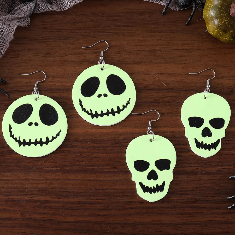 Gothic Style Fluorescent Green Skeleton Face Halloween Pendants Earrings Double Sided Elegant Skull Head Women's Jewelry