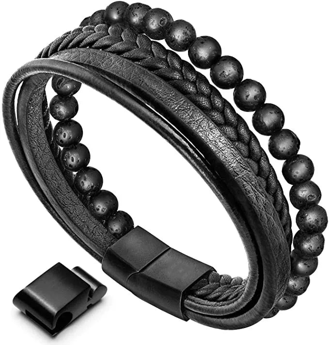 Trade Halloween Men Beads Leather Bracelet Natural Beads Steel and Leather Bracelet Gifts for Men