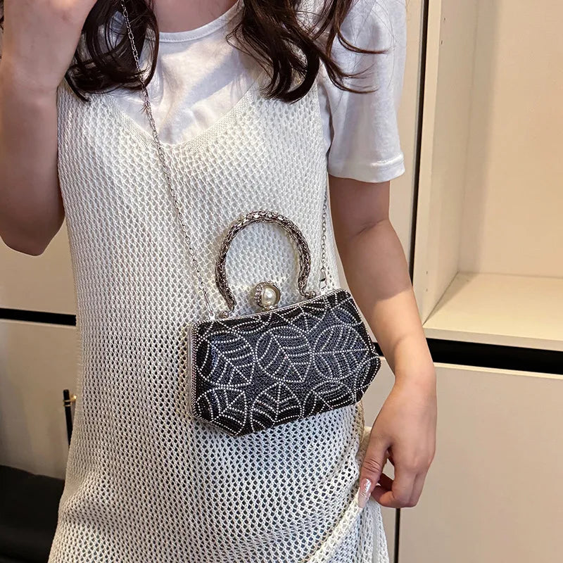 Fashionable Diamond Embedded Retro Evening Bag Women's Crossbody Chain Box Bag Special Shape Material Box Style Single Shoulder Strap