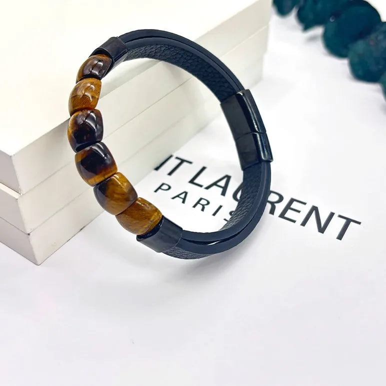 Retro Round 304 Stainless Steel Pu Leather Men's Bangle Men Cord & Leather Bracelets