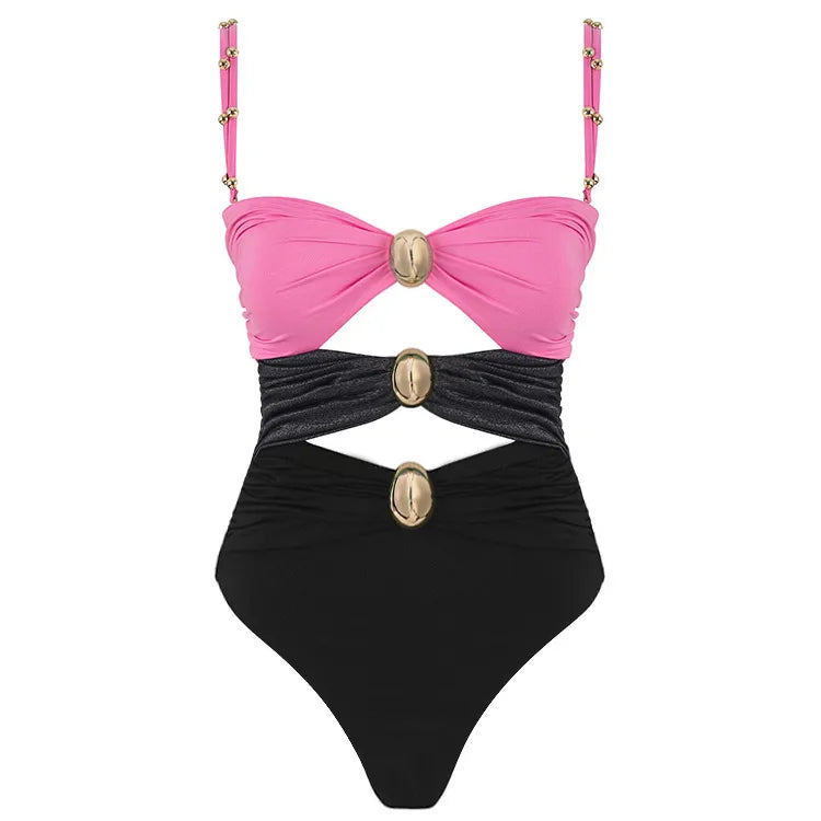 Women's Basic Classic Style Color Block 2 Pieces Set One Piece Swimwear