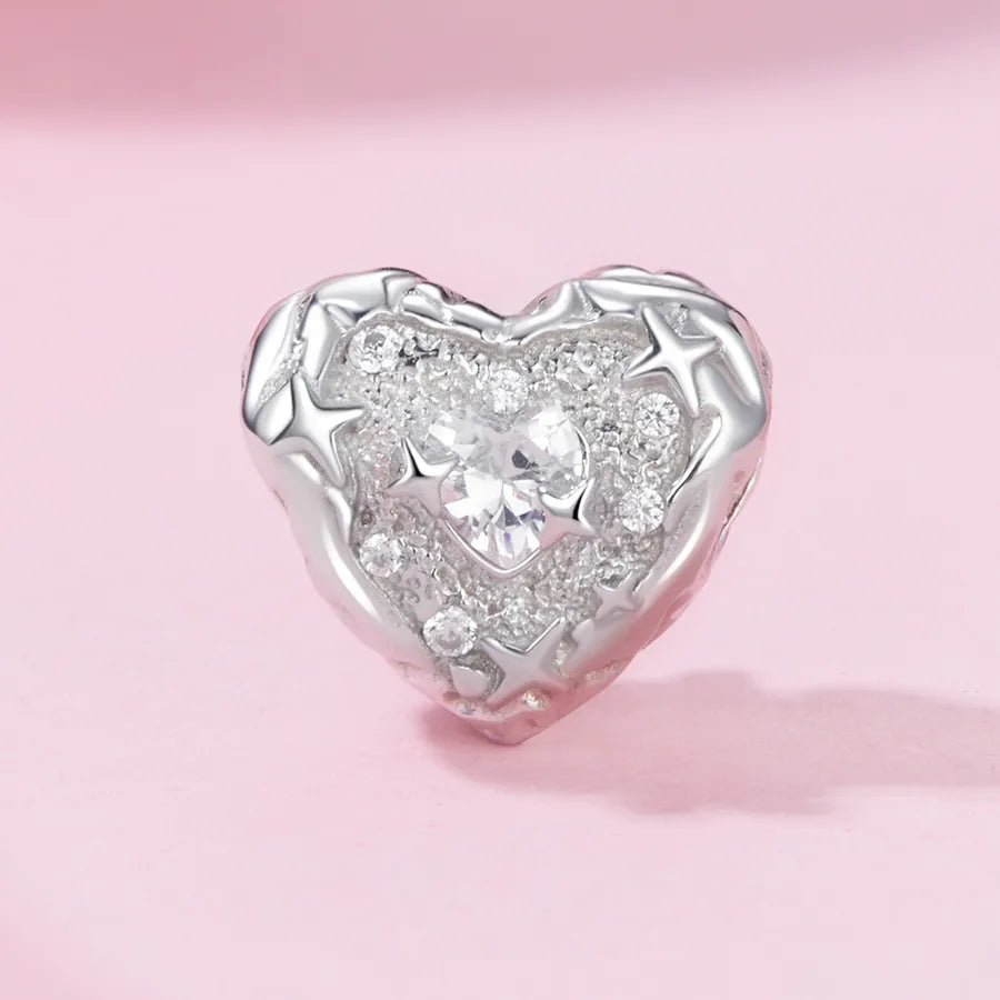 Aifule  Hot Delicate Heart Beaded S925 Sterling Silver White Gold Plated  DIY Heart-Shaped Ornament Beads