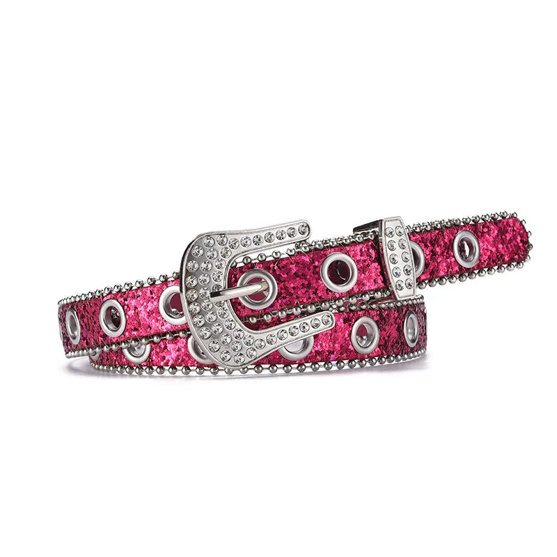 IG Style Shiny Solid Color Pu Leather Alloy Sequins Inlay Rhinestones Women's Leather Belts