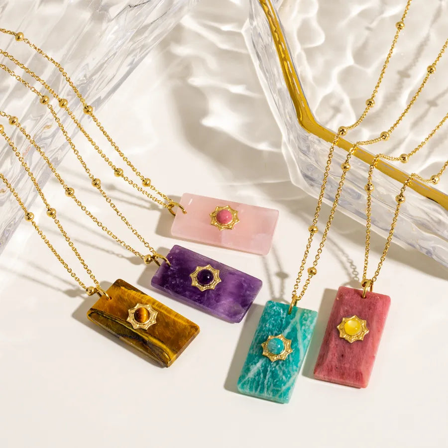 Wholesale Jewelry IG Style Geometric 304 Stainless Steel natural stone Gem Inlay Pendant Necklace
