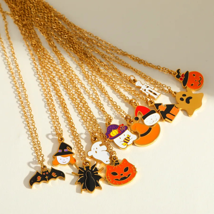 Halloween Series Stainless Steel 18K Gold Plated Drip Oil Hat Bat Pendant Necklace Funny Design Festival Jewelry Accessory