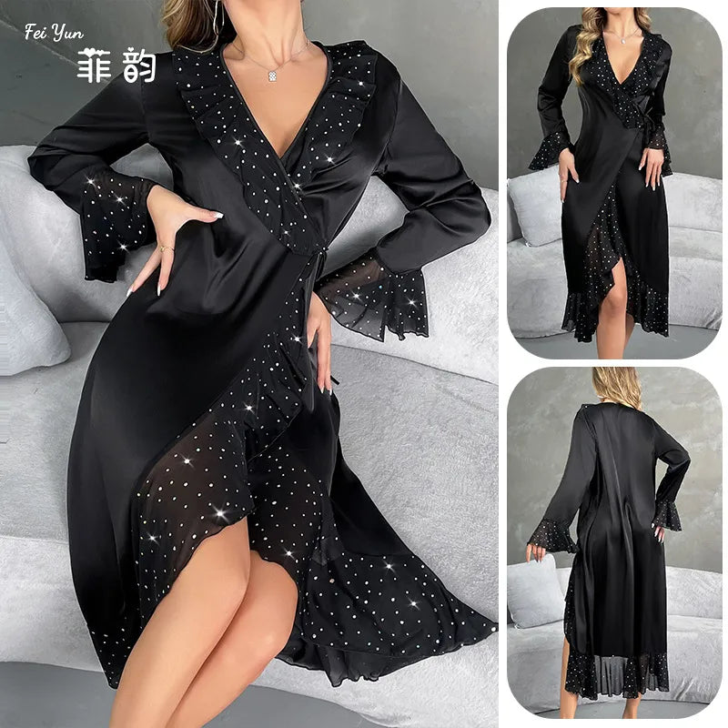 Fashionable V-Neck Long Sleeve Sequin Nightgown Women's Satin Robe Home Clothes Breathable Lightweight Polyester Silk Blend