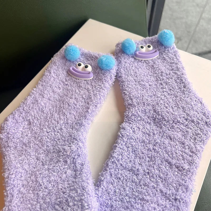 women's casual cartoon polyester coral fleece crew socks a pair