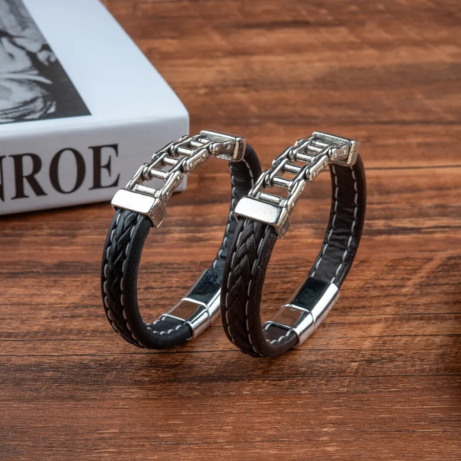 Hip-Hop Retro Geometric Pu Leather Alloy Magnetic Men's Bracelets Men Cord & Leather Bracelets