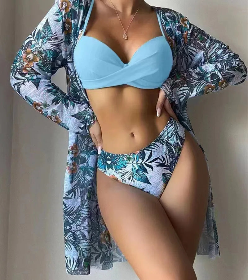 Women's Vacation Printing Solid Color 3 Pieces Set Bikinis Swimwear