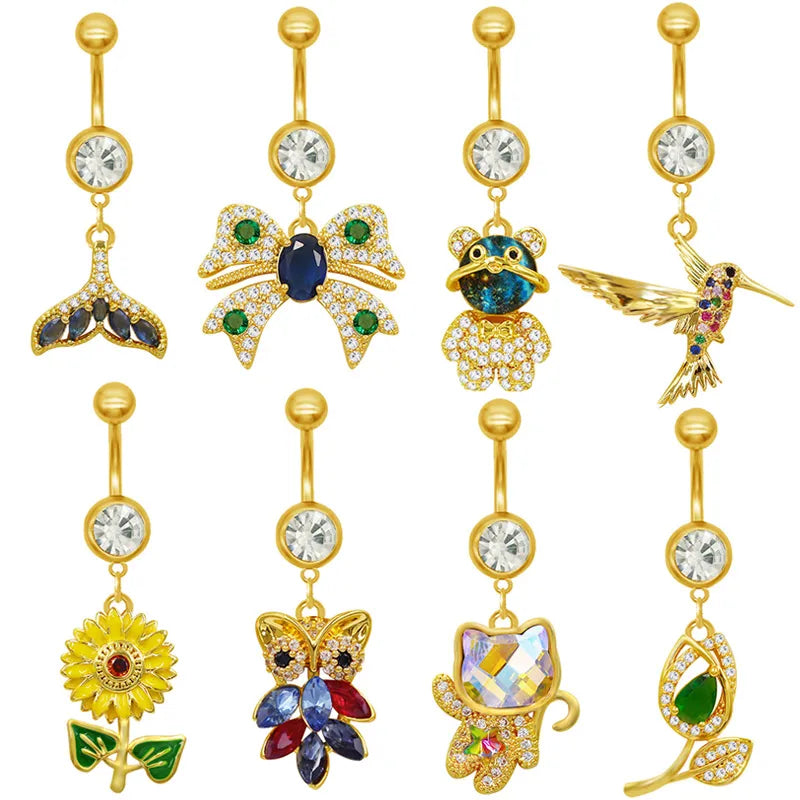 1 Piece Belly Rings Elegant Hawaiian Tropical Bear Cat Bow Knot 316 Stainless Steel  Alloy Inlay Resin Rhinestones Glass Gold Plated