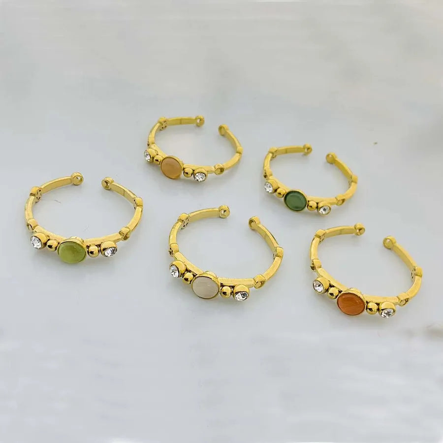 Wholesale Jewelry Casual Simple Style Commute Solid Color 304 Stainless Steel Artificial Gemstones 18K Gold Plated Plating Inlay Open Rings