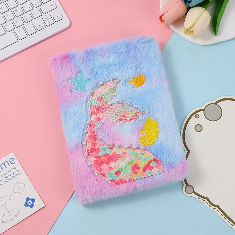 Cute Mermaid Tail Plush Notebook Student Study Diary Book Cartoon Learning Record Book Lovely Girl Handmade Bullet Journal