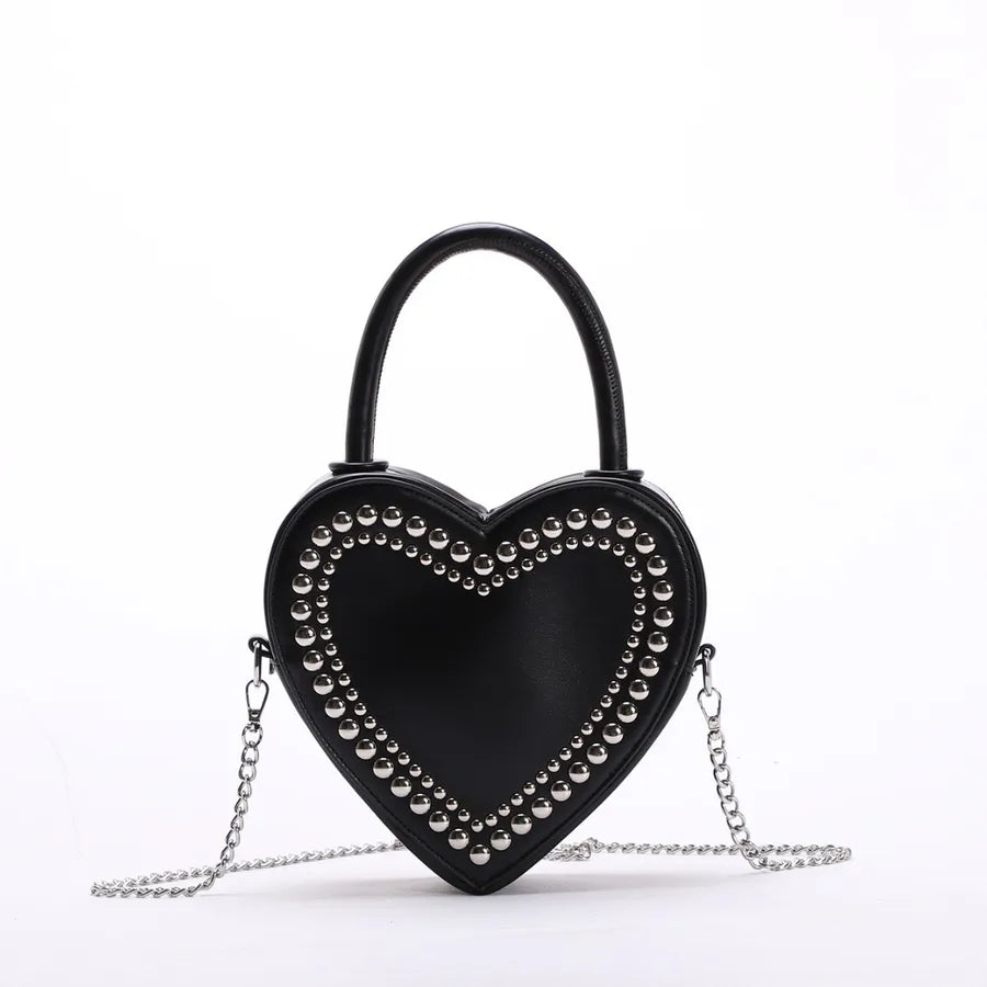 Women's Medium Pu Leather Solid Color Streetwear Rivet Heart-shaped Zipper Handbag Crossbody Bag