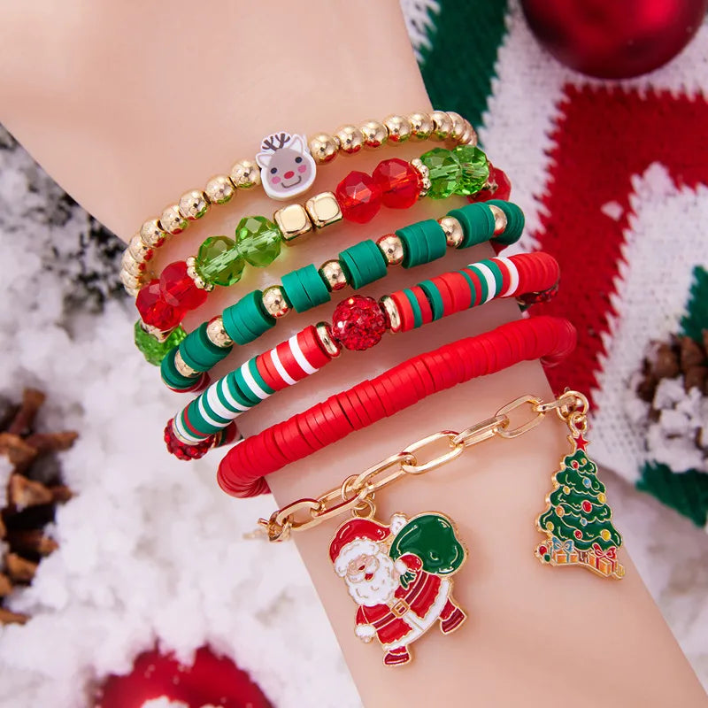 Christmas Theme Bracelet Set Cute Santa Claus Reindeer Metal Chain Crystal Mixed Children's Fun Jewelry Christmas Tree Design