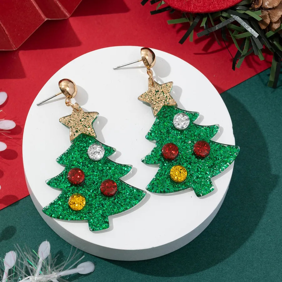 Fashionable Christmas Tree Snowflake Earrings Women's Stylish Christmas Theme Geometric Pattern Asymmetric Handmade Acrylic Jewelry