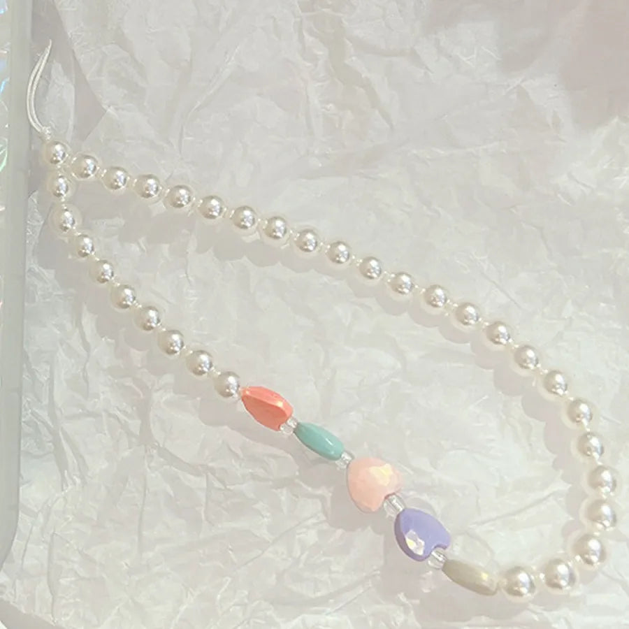 cute heart shape flower pc silica gel soft clay inlay artificial pearls women's mobile phone chain 1 piece