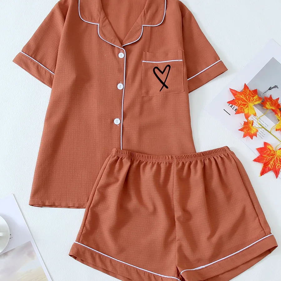 Home Women's Vacation Simple Style Heart Shape Polyester Shorts Sets Pajama Sets