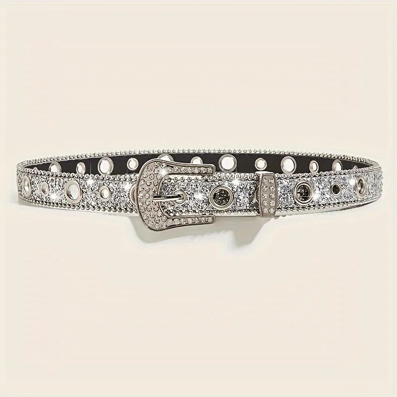 retro sweet solid color pu leather alloy diamond women's leather belts
