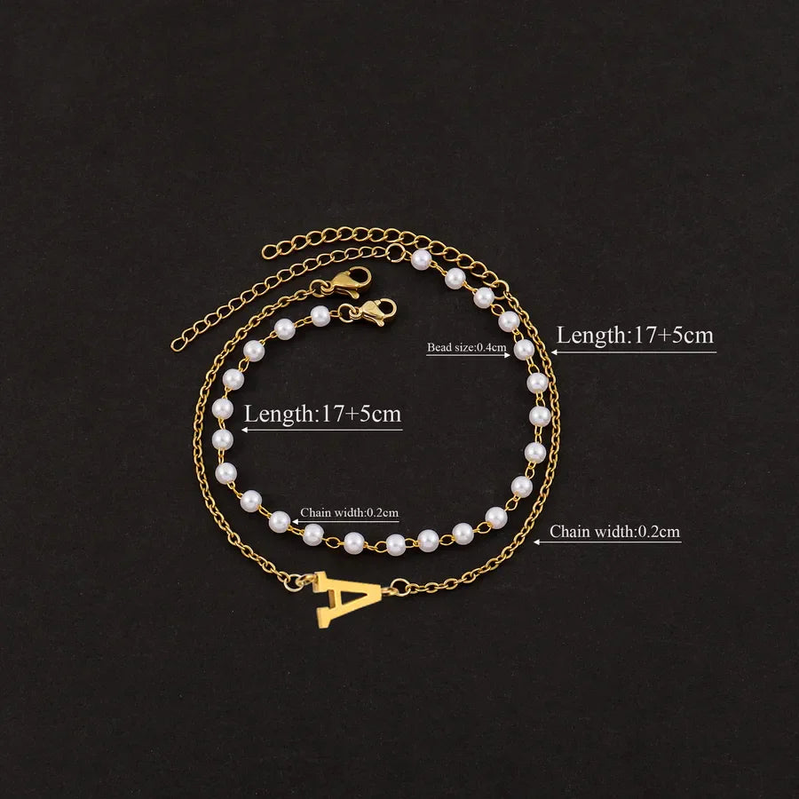 Elegant Simple Style Classic Style Letter 201 Stainless Steel 304 Stainless Steel Imitation Pearl Beaded Chain cable chain Beaded Bracelets Wholesale